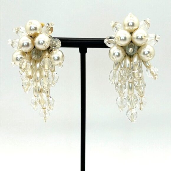 Vintage Clip-On Earrings Faux Pearls & Beaded Bridal Prom Formal Jewelry - Picture 13 of 16